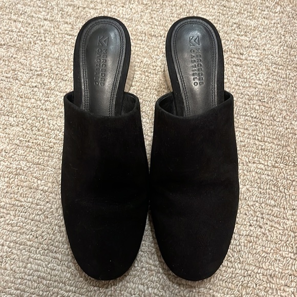 Black suede Mercedes Castillo clogs with ivory heel. Worn less than 5x. - Picture 2 of 2